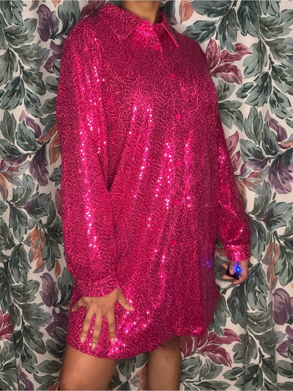 Pink Blue B Sequined Collared Button Down Dress